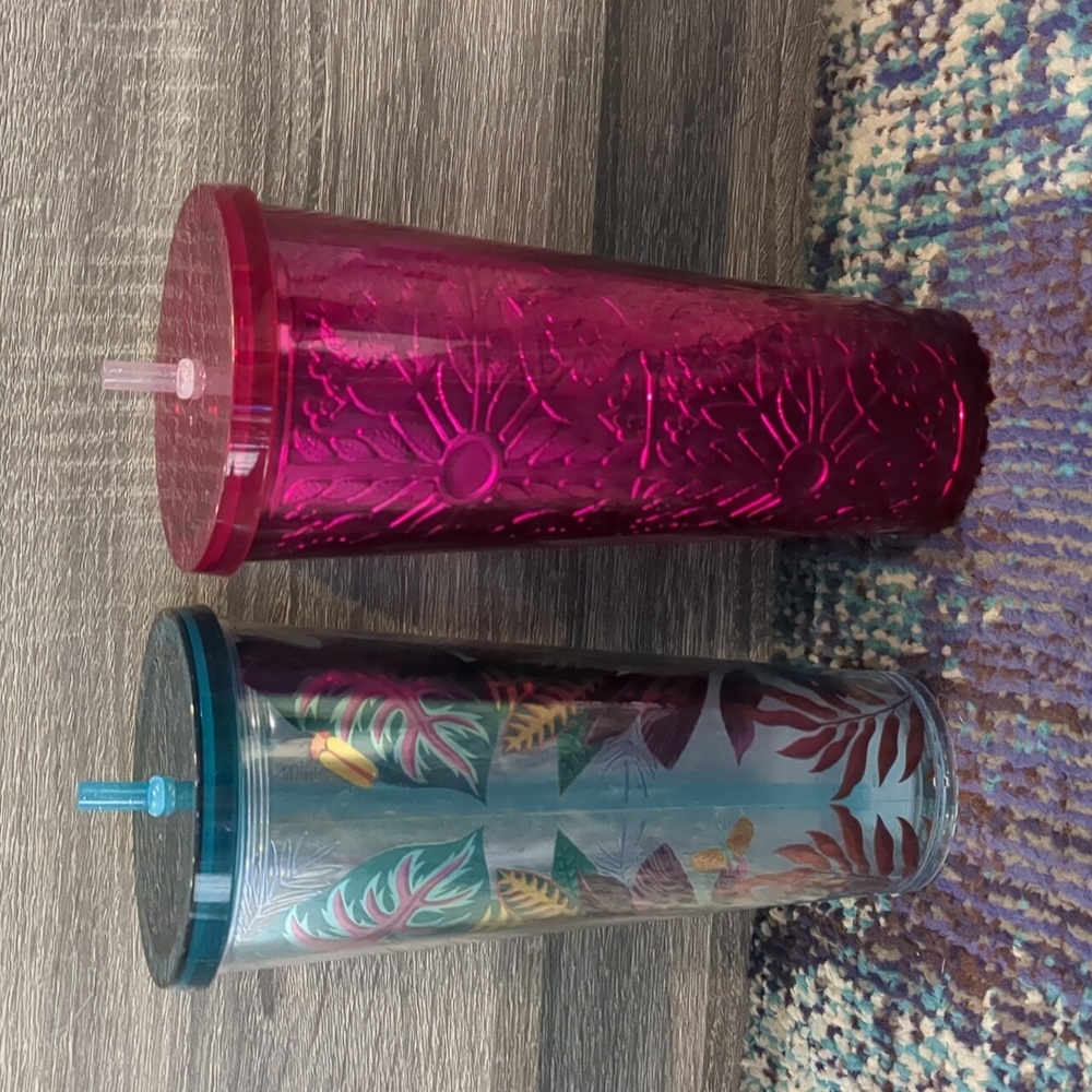 🐿️🐿️Pair Of Starbucks Multicolor Tropical & Metallic Fuchsia Reusable Tumblers - Picture 2 of 4